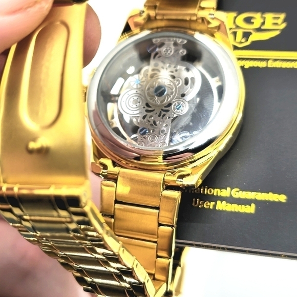 LIGE Men's Skeleton Watch - Gold on Top of Stainless- Clasp Band Great Quality - Picture 4 of 7